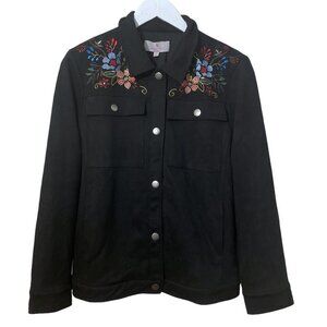 Laurie Felt Black Jean Jacket with Floral Embroidery